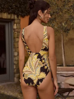 Next Black/Green Paisley Plunge Shaping Tummy Control Swimsuit Hot