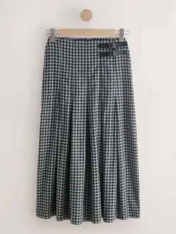 Next Black/Grey Gingham Midi Kilt Skirt Clearance