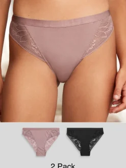 Next High Leg Microfibre and Lace Knickers 2 Pack Black/Mauve Purple New