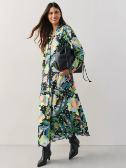 Next Long Sleeve Midi Shirt Dress Black/Multi Floral Outlet