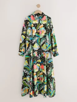 Next Long Sleeve Midi Shirt Dress Black/Multi Floral Outlet