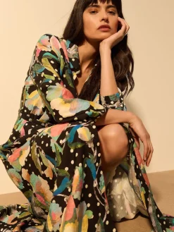 Next Printed Long Sleeve Shirt Dress Black/Multi Floral New