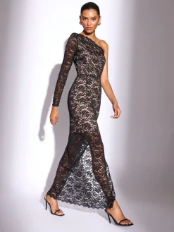 Lipsy Black/Nude Petite Lace One Shoulder Bodycon Midaxi Dress Clearance