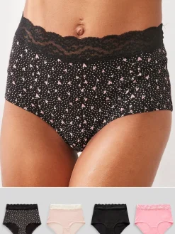 Next Black/Pink Heart Print Full Brief Cotton Lace Knickers 4 Pack Clearance