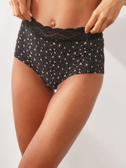 Next Black/Pink Heart Print Full Brief Cotton Lace Knickers 4 Pack Clearance
