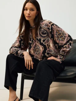 Next Long Sleeve Twist Neck Jersey Blouse Black/Pink Paisley New