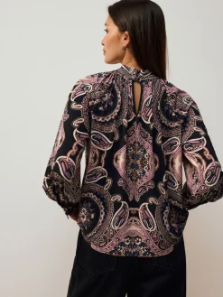Next Long Sleeve Twist Neck Jersey Blouse Black/Pink Paisley New