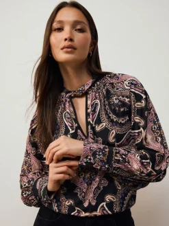 Next Long Sleeve Twist Neck Jersey Blouse Black/Pink Paisley New