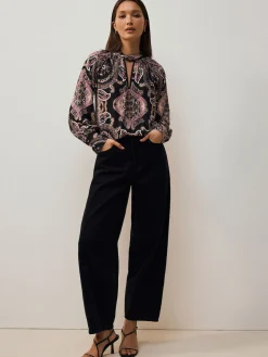 Next Long Sleeve Twist Neck Jersey Blouse Black/Pink Paisley New