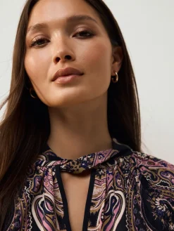 Next Long Sleeve Twist Neck Jersey Blouse Black/Pink Paisley New