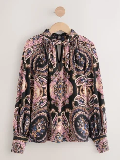 Next Long Sleeve Twist Neck Jersey Blouse Black/Pink Paisley New