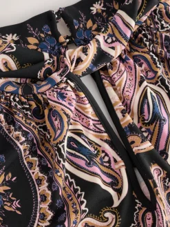 Next Long Sleeve Twist Neck Jersey Blouse Black/Pink Paisley New