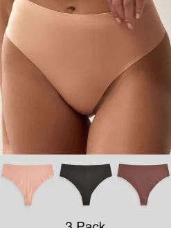 Next High Waisted Thong No VPL Comfort Knickers 3 Pack Black/Praline Nude/Chocolate Nude Outlet