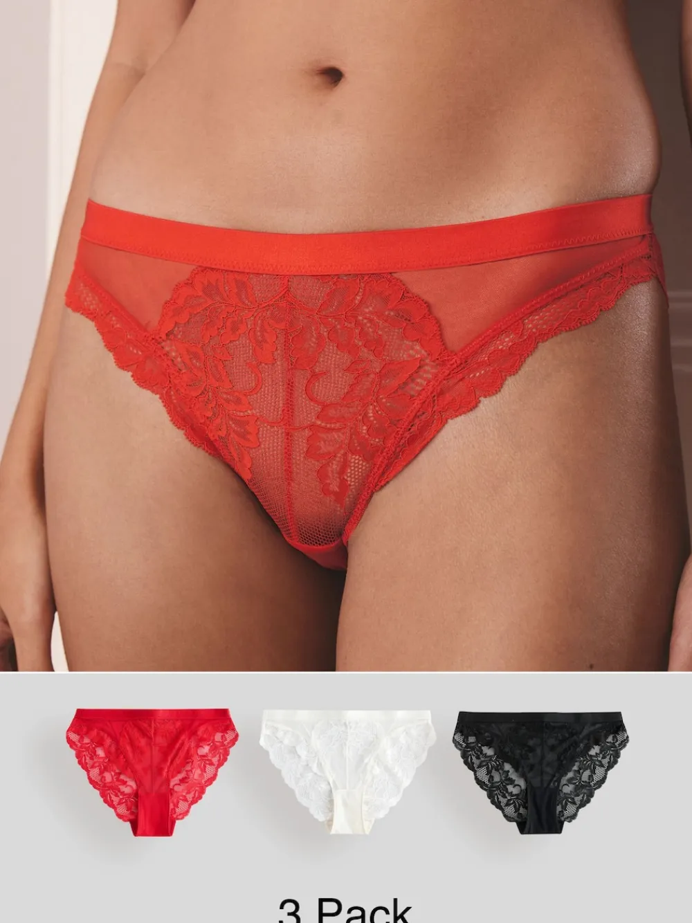 Next Lace Knickers 3 Pack Black/Red/Cream Discount