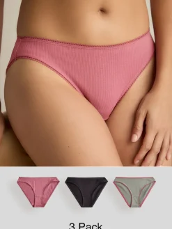 Next High Rise High Leg Cotton Rib Knickers 3 Pack Black/Rose/Olive Discount