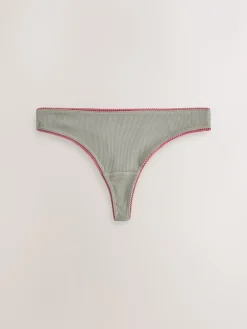 Next Thong Cotton Rib Knickers 3 Pack Black/Rose/Olive New