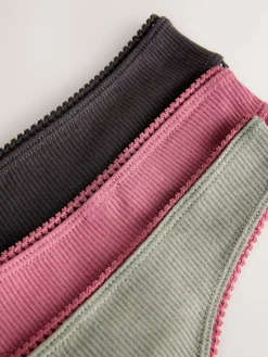 Next Thong Cotton Rib Knickers 3 Pack Black/Rose/Olive New