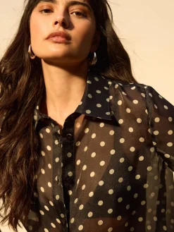 Next Sheer Long Sleeve Shirt Black/Sage Polka Dot Sale
