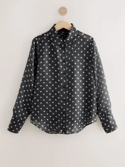 Next Sheer Long Sleeve Shirt Black/Sage Polka Dot Sale