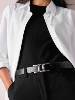 Next Regular Statement Buckle Leather Belt Black/Silver Tone Best
