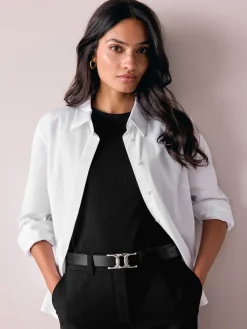 Next Regular Statement Buckle Leather Belt Black/Silver Tone Best