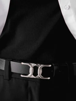 Next Regular Statement Buckle Leather Belt Black/Silver Tone Best
