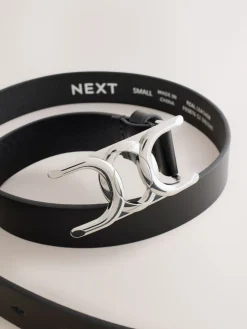 Next Regular Statement Buckle Leather Belt Black/Silver Tone Best