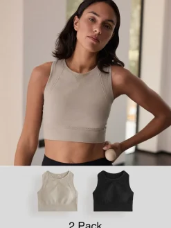 Next Black/Stone Seamless High Neck Medium Impact Sports Bras 2 Pack
