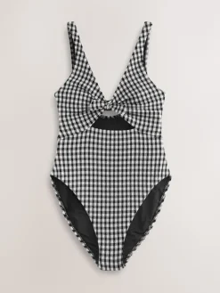 Next Black/White Crinkle Gingham Cutout Plunge Tummy Control Swimsuit New