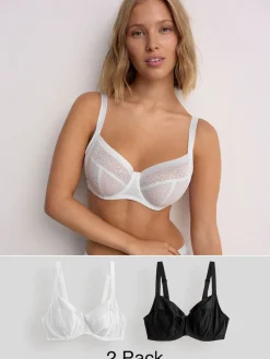Next Black/White DD+ Non Pad Balcony Smoothing Animal Mesh Underwired With Side Support Bras 2 Pack Clearance