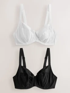Next Black/White DD+ Non Pad Balcony Smoothing Animal Mesh Underwired With Side Support Bras 2 Pack Clearance