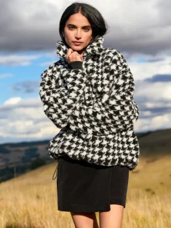 Next Jacquard Teddy Borg Quarter Zip Fleece Sweatshirt Black/White Houndstooth Check Discount