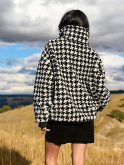 Next Jacquard Teddy Borg Quarter Zip Fleece Sweatshirt Black/White Houndstooth Check Discount