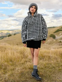 Next Jacquard Teddy Borg Quarter Zip Fleece Sweatshirt Black/White Houndstooth Check Discount