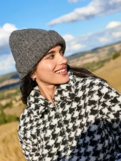 Next Jacquard Teddy Borg Quarter Zip Fleece Sweatshirt Black/White Houndstooth Check Discount