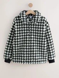 Next Jacquard Teddy Borg Quarter Zip Fleece Sweatshirt Black/White Houndstooth Check Discount