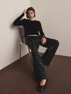 Next Satin Tie Waist Wide Leg Trousers Black/White Polka Dot Best