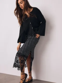 Next Satin Midi Skirt With Lace Trim Black/White Spot Outlet