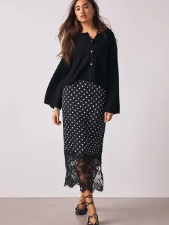 Next Satin Midi Skirt With Lace Trim Black/White Spot Outlet