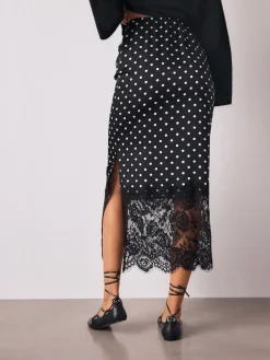 Next Satin Midi Skirt With Lace Trim Black/White Spot Outlet