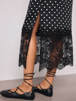 Next Satin Midi Skirt With Lace Trim Black/White Spot Outlet