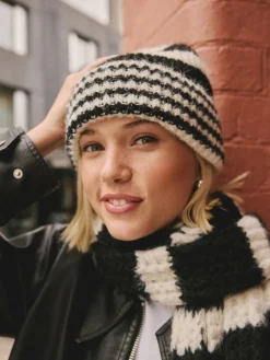 Next Stripe Knitted Beanie Hat Black/White Hot