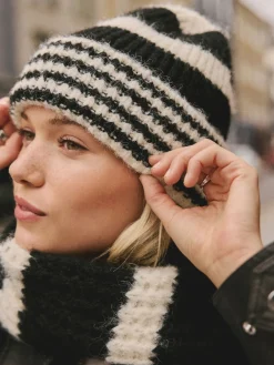 Next Stripe Knitted Beanie Hat Black/White Hot