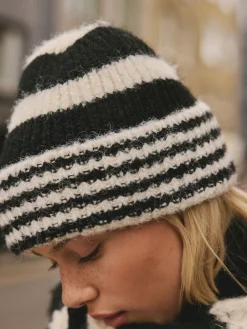 Next Stripe Knitted Beanie Hat Black/White Hot