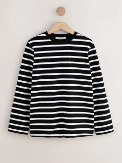 Next Black/White Stripe Long Sleeve Heavyweight Crew Neck T-Shirt Outlet