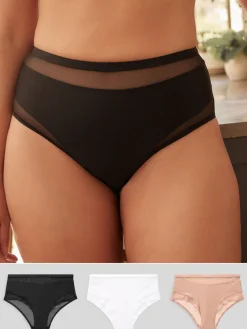 Next Mesh Trim High Waist High Leg Knickers 3 Pack Black/White/Nude Outlet