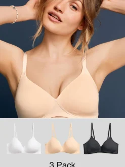 Next Pad Non Wire Cotton Blend Ultimate Comfort Bras 3 Pack Black/White/Pastel Rose Nude