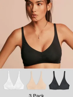 Next Non Pad Non Wire Cotton Blend Ultimate Comfort Bras 3 Pack Black/White/Pastel Rose Nude New