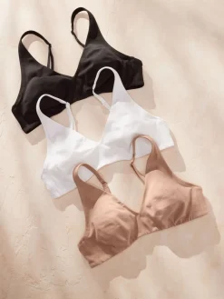 Next Non Pad Non Wire Cotton Blend Ultimate Comfort Bras 3 Pack Black/White/Pastel Rose Nude New