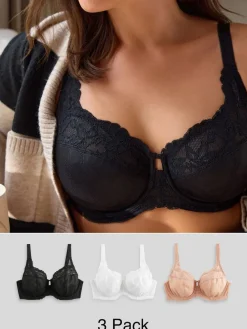 Next DD+ Lace Trim Non Pad Full Cup Underwired Bras 3 Pack Black/White/Praline Nude Sale